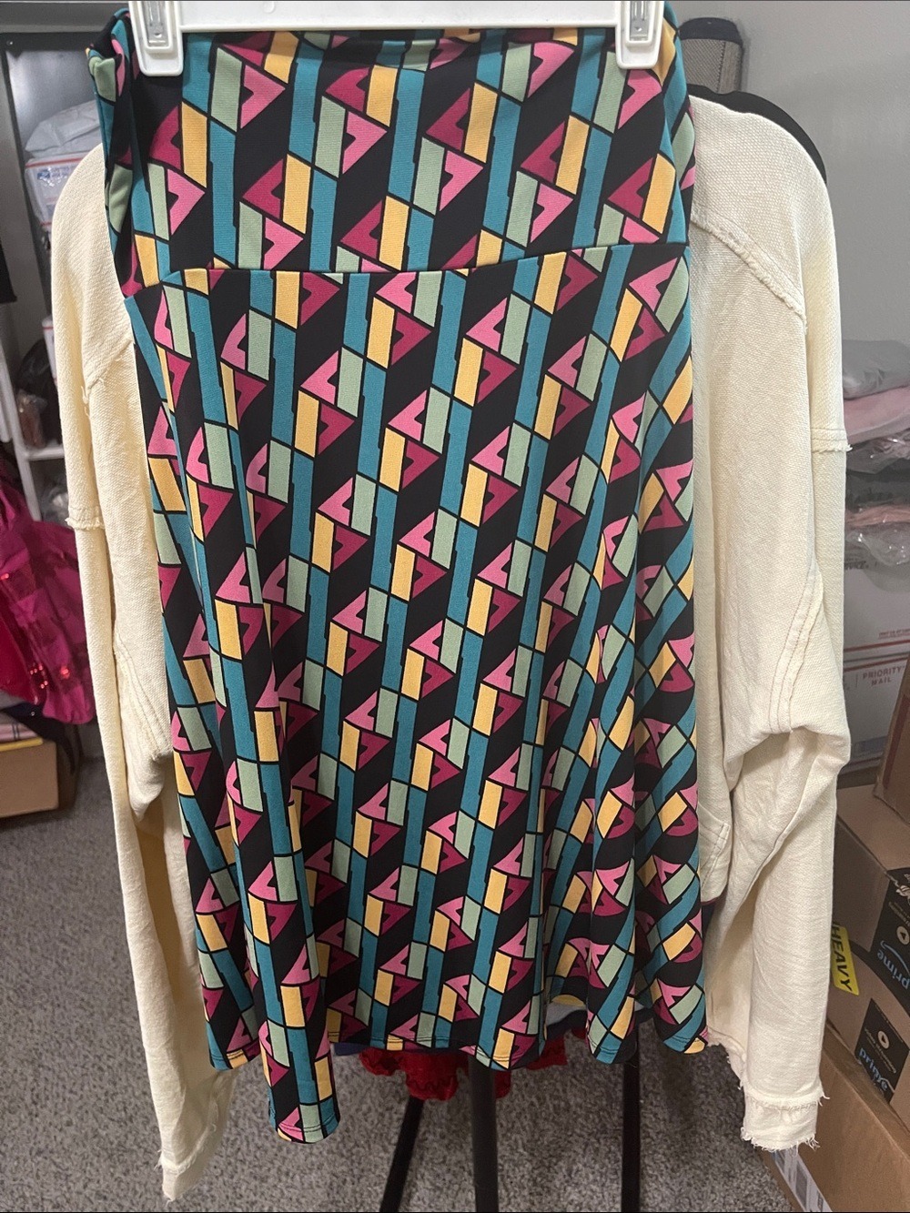 LuLaRoe Midi Skirt in Black with Pink, Teal, and Yellow Geometric Print